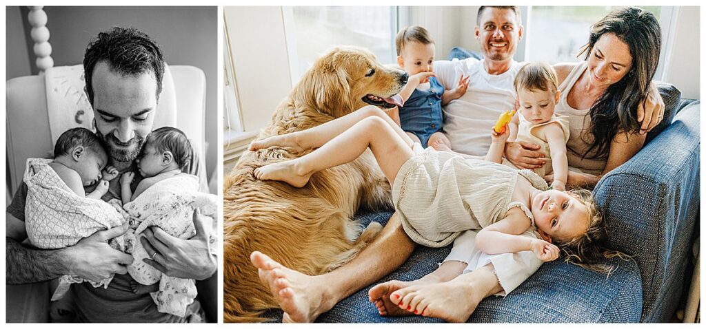 Boston newborn photographer captures family in matching pajamas during in-home lifestyle session