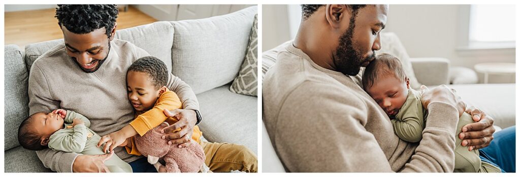 Boston newborn photographer photographs dad in casual outfit holding newborn in natural light at home