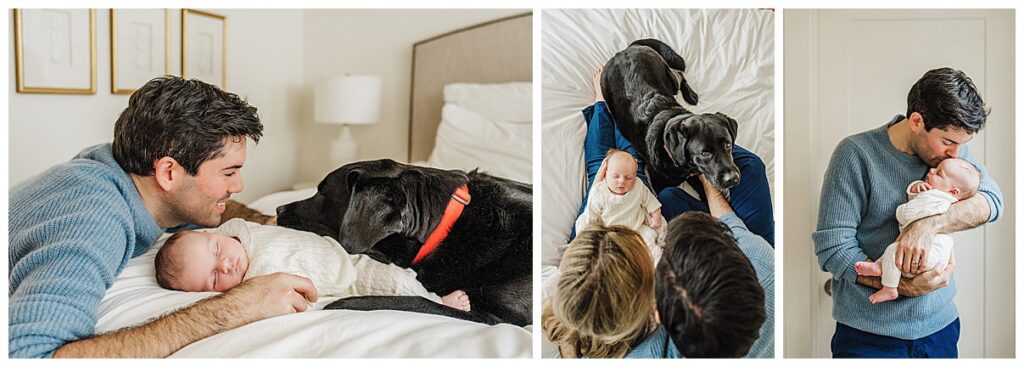 In-home lifestyle newborn session with family in coordinating neutral outfits, Boston Massachusetts