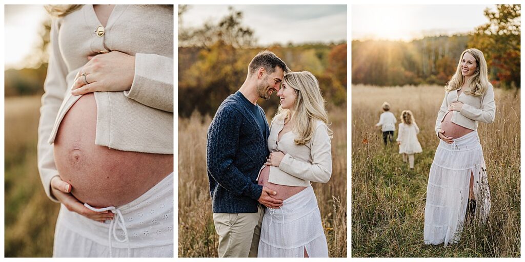 Boston maternity photographer captures glowing baby bump in natural light outdoor session