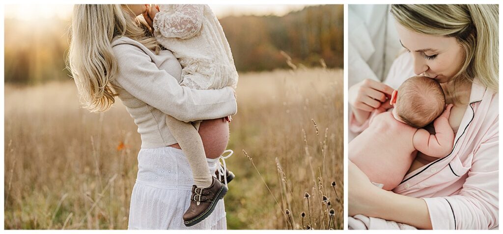 Boston maternity and newborn photography combo showing pregnancy and postpartum portraits
