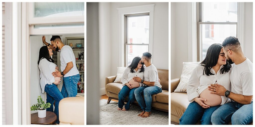 At-home maternity photo session in Boston - relaxed living room setting with window light