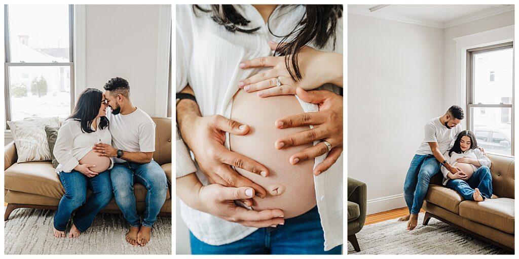 Intimate at-home maternity session in Boston - couple portrait with natural window light