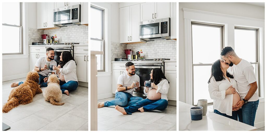 Boston at-home maternity photographer - kitchen maternity portrait with natural light.